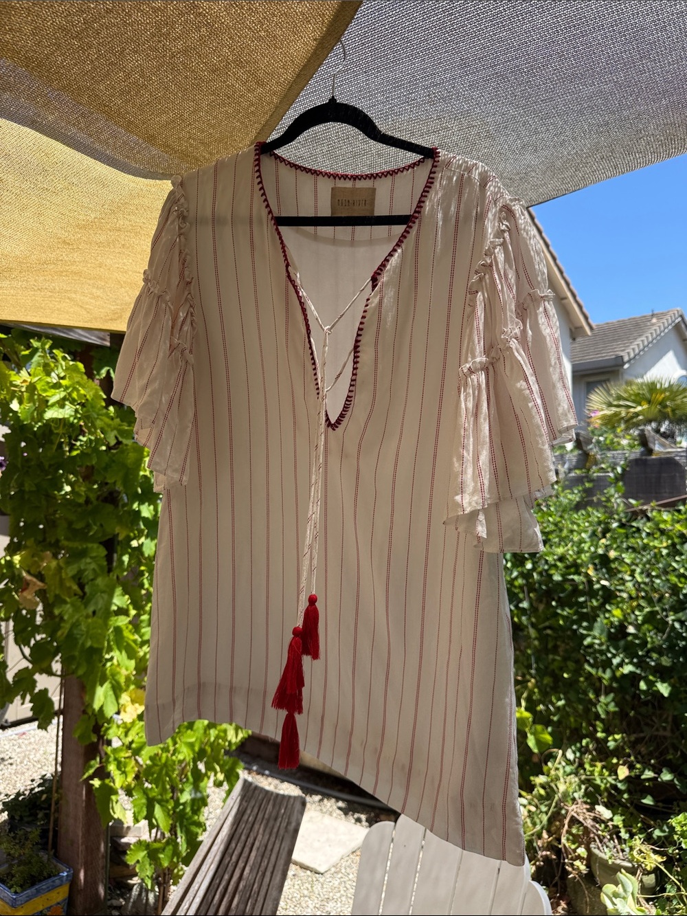 Moon River White with Red Stripe & Tassel Tie mini dress tunic